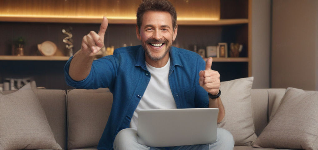 A middle-aged man sits on a couch, laptop on his knees, smiling broadly.