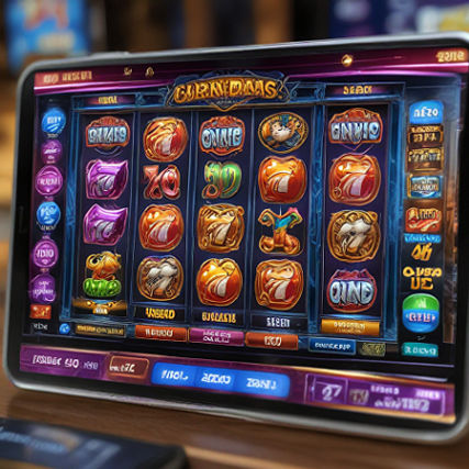 A colorful slot machine screen displaying a winning combination with gold coins falling around it.