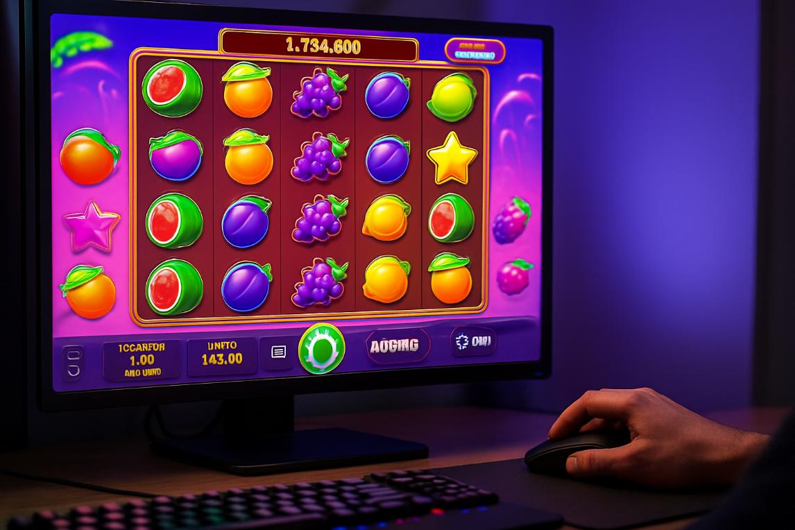 Player clicks mouse beside a vibrant slot game on desktop screen.