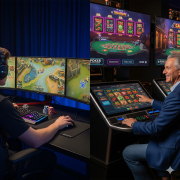 A dynamic photo showing a split-screen. On the left, a young esports player with a headset is intensely focused on a gaming monitor. On the right, an older casino gambler is pulling a virtual lever on a digital slot machine.