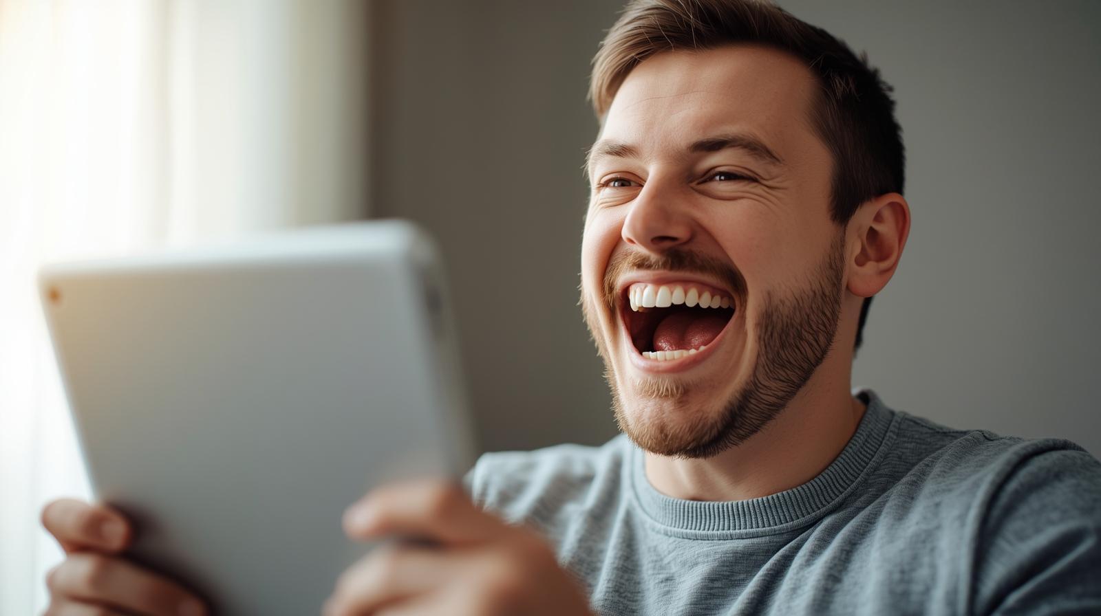 Happy man celebrating online casino win on laptop with blurred screen
