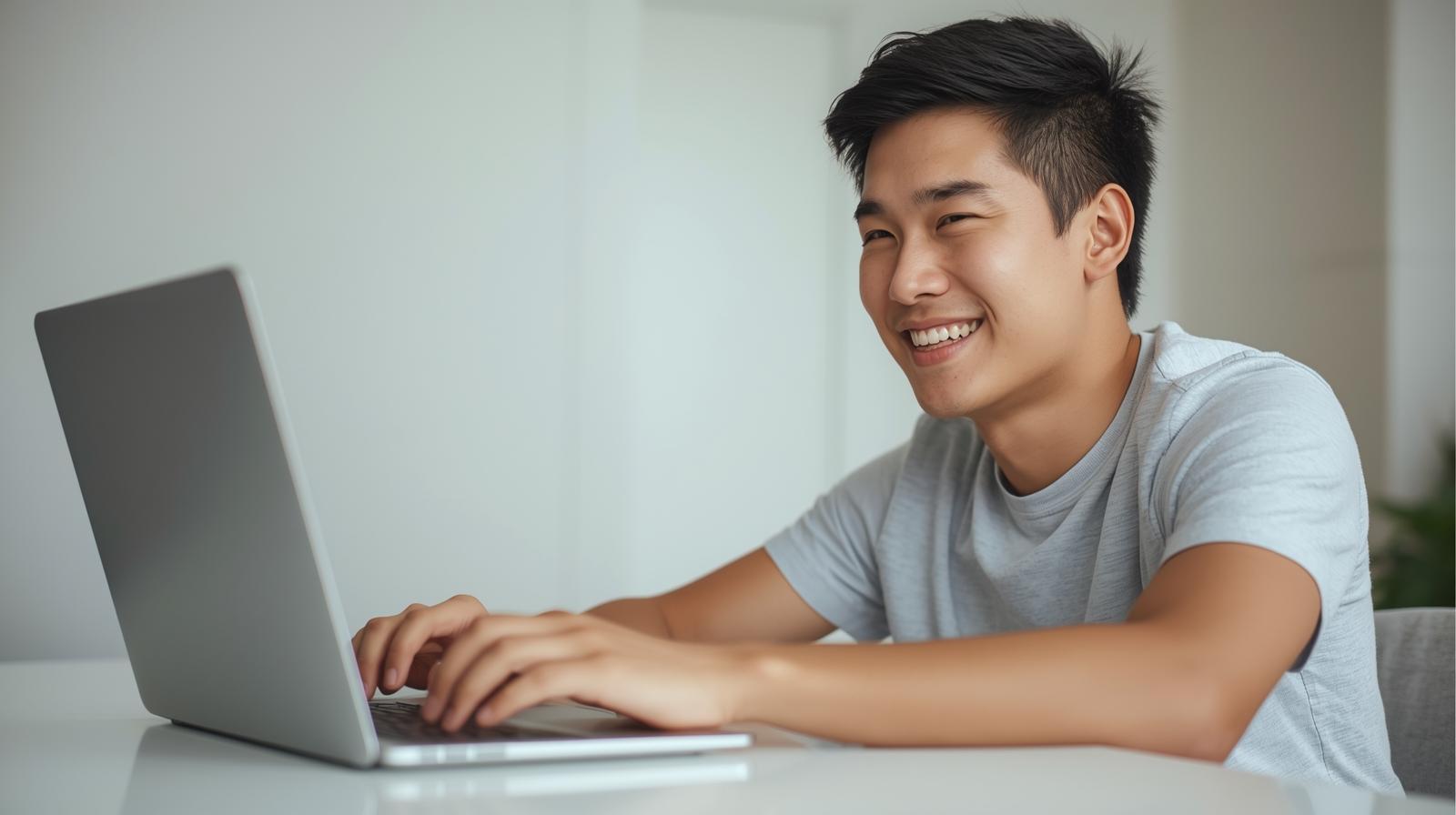 Young man smiling at blurred laptop screen enjoying his first online gaming experience.