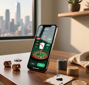 A smartphone showing an online betting website on the screen with different gambling elements surrounding it.