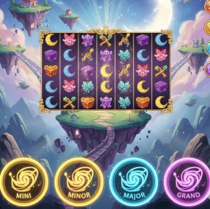 Whimsical online slot interface featuring a dreamscape with floating islands, sparkling treasures, cascading reels, mystical creatures, and jackpot indicators glowing with magical light.