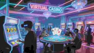 A futuristic virtual reality casino scene with players wearing VR headsets, 3D slot machines, digital poker tables, immersive lighting, social avatars interacting in a realistic virtual environment
