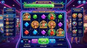 A colorful, interactive slot machine interface with animated characters, progress bars, badges, achievements, social leaderboards, immersive gamified casino environment
