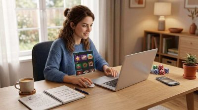 an online casino player exploring new casino games on a laptop
