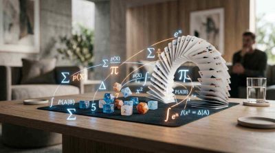 Abstract representation of probability and games of chance using dice, cards, glowing mathematical symbols, and a calm modern gaming environment